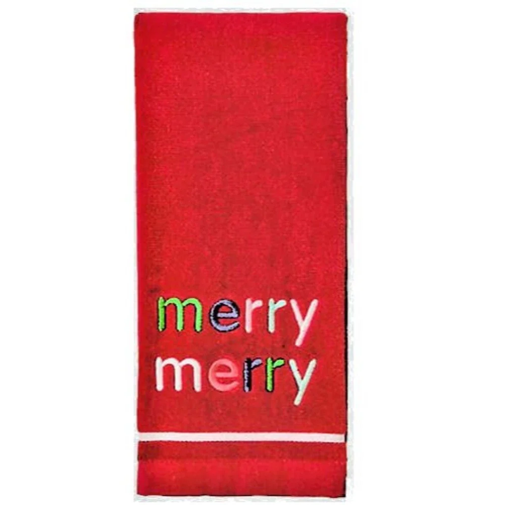Merry Merry Christmas Hand Towels Red Holiday Winter Embroidered Set of 2